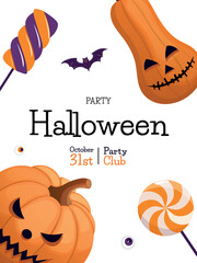 Halloween party invitation poster hand drawn. Lantern pumpkin, lollipops, candy, and a bat. Concept of banner, greeting card, invitation, poster. Vector illustration.