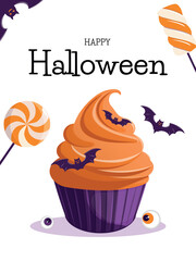 Halloween party invitation poster hand drawn. Pumpkin cupcake, lollipops, candy, and a bat. Concept of banner, greeting card, invitation, poster. Vector illustration.