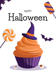 Halloween Card Background hand drawn. Pumpkin cupcake, bat, witch's hat, lollipops Concept of banner, greeting card, invitation, poster. Vector illustration.