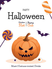 Halloween party invitation poster. Pumpkin lantern, candy, bat. Concept of banner, greeting card, invitation, poster. Vector illustration.