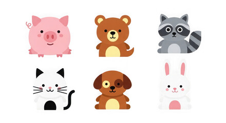 Collection of six cute cartoon farm animals including a pig, bear, raccoon, cat, dog, and rabbit, isolated on transparent background