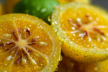 Fresh passion fruit slices, shiny yellow seeds, close-up detail, juicy look