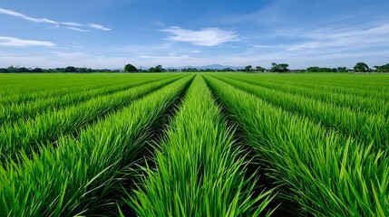 Expansive agricultural field with rows of vibrant green crops and a peaceful, rural landscape under a blue sky with wispy clouds