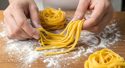 Crafting homemade fresh egg pasta tagliatelle with hands on wooden surface