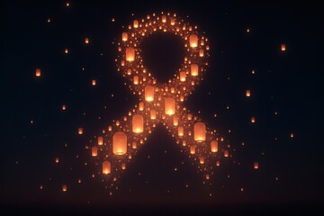 Floating candle lanterns at night forming glowing awareness ribbon shape in dark sky, golden orange light, symbolic memorial tribute scene