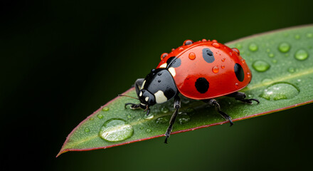Fototapeta premium Vibrant ladybug with dew drops rests on a wet green leaf, showcasing nature's delicate beauty