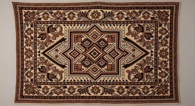 Intricate geometric and floral pattern in brown, black, and beig