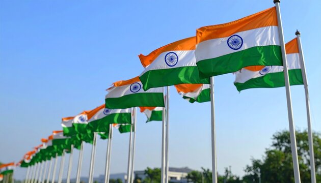 Row of Indian flags fluttering on tall flagpoles against clear sky, with wind turbines in background