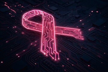 Futuristic glowing pink breast cancer awareness ribbon made of digital circuit lines on dark technology background, neon cyber tech concept
