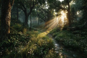 Obraz premium A serene forest scene with tall trees, sunlight filtering through the leaves, and a small stream flowing through lush greenery and wildflowers.