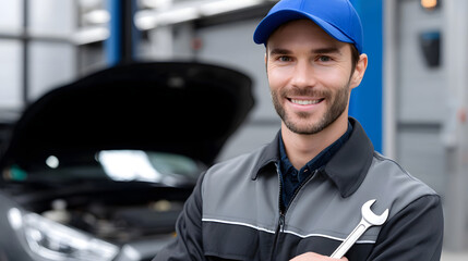 A smiling auto mechanic wearing a uniform and cap stands confidently in a well-equipped repair garage, ready to provide reliable and efficient car maintenance and services.