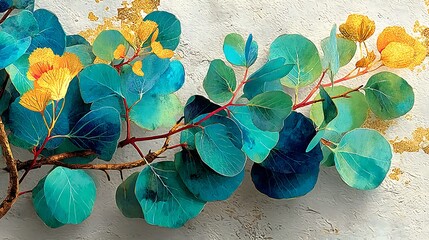 Vibrant Leaves with Golden Accents on Textured Background in Artistic Floral Arrangement