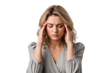 Woman experiencing headache pain holding temples with closed eyes looking down in distress transparent background