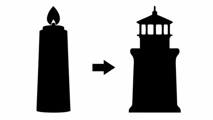 Candle transforming into lighthouse with arrow indicating direction in silhouette illustration style