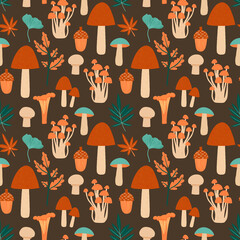 Seamless autumn pattern with mushrooms, leaves, and acorns. Whimsical woodland design with earthy colors, perfect for textiles, wrapping paper, seasonal decor, packaging, fabrics and stationery.