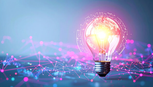 Light Bulb Glowing Futuristic Digital Design Abstract Innovation and Technology - Powered by Adobe