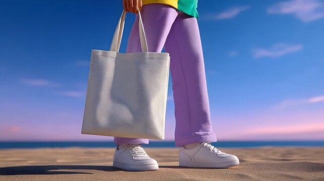 A young woman wearing casual clothing and carrying a white reusable tote bag while standing on a beach against a bright blue sky.
