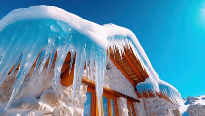 Icicles dramatically hang from a snow-covered wooden cabin roof against a vibrant blue sky