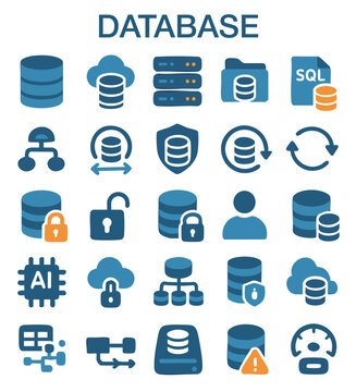 A comprehensive vector icon set illustrating various concepts in database and data management, designed in a flat modern style.