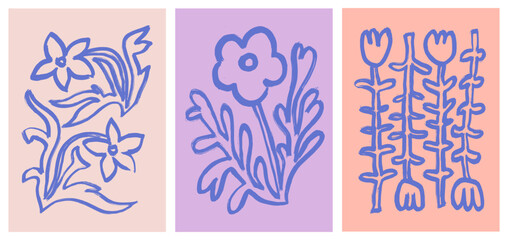 Abstract retro aesthetic backgrounds set with doodle flowers. Vintage floral mid century art prints. Danish pastel botanical wall art. Modern naive  interior decorations, paintings, posters