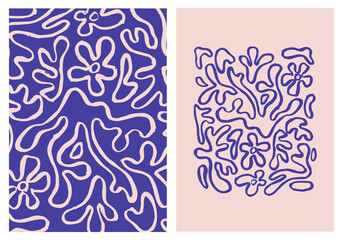 Abstract background with wavy swirled brush strokes. Hand drawn ink texture mid century style. Brushstrokes, lines, squiggle pattern. Organic shapes, indigo color