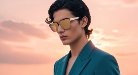 A man wearing sunglasses and a blue blazer poses against a pink and orange sky at sunset outdoors fashion