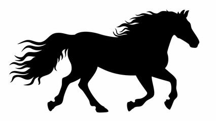 Obraz premium A silhouette of a horse running with its mane and tail flowing freely in the wind against white background