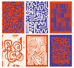 Abstract shapes in doodle grunge style. Maximalist modern wall art posters set. Organic shapes, continuous line