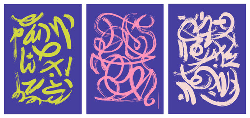 Modern abstract backgrounds set with wavy shapes and lines. Painting art print templates. Trendy posters with bold brush lines with spray texture. Expressive bold strokes texture. Street art style