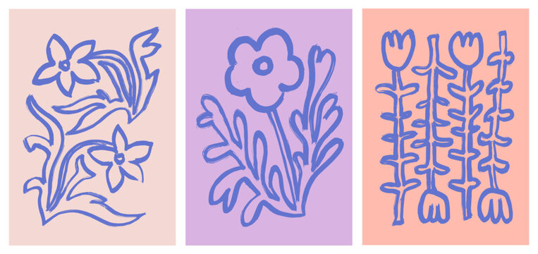 Abstract retro aesthetic backgrounds set with doodle flowers. Vintage floral mid century art prints. Danish pastel botanical wall art. Modern naive  interior decorations, paintings, posters