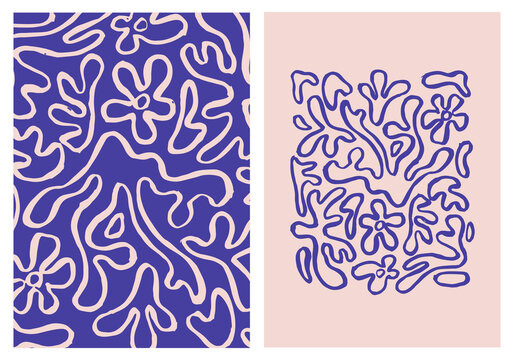 Abstract background with wavy swirled brush strokes. Hand drawn ink texture mid century style. Brushstrokes, lines, squiggle pattern. Organic shapes, indigo color