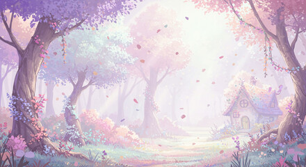 Enchanting fairy tale forest scene with a cozy cottage and whimsical flora, bathed in soft pastel light