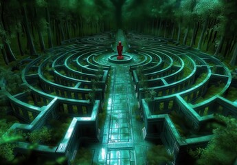 A mystical green stone maze in a dark forest, featuring a red statue at its center, evokes a sense of mystery and ancient secrets