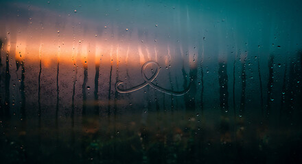 View Through A Rain Covered Window During Sunset With Water Droplets
