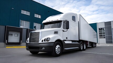 Fototapeta premium A large white semi-truck and trailer parked outside an industrial warehouse building with a loading dock, against a cloudy sky background.