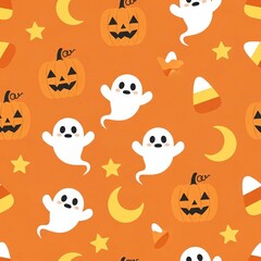 Fototapeta premium Cute ghosts, pumpkins, stars, moons and candy on orange seamless Halloween pattern, playful kids textile or autumn decor