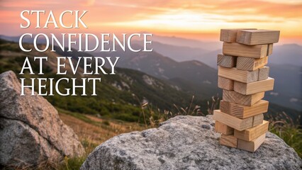 Wooden block stacking game set against scenic mountain sunset