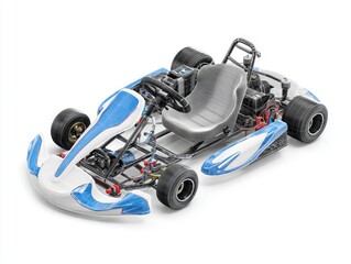 A three-quarter view of a go-kart, showcasing its intricate chassis design, detailed mechanical components, and vibrant blue and white color scheme.