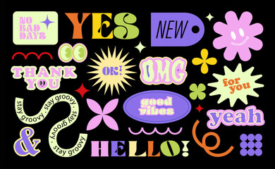 Abstract shapes sticker pack. Groovy circle, oval, rectangle, arch, eyes, typography in trendy retro 90s cartoon style. Brutalism aesthetic.