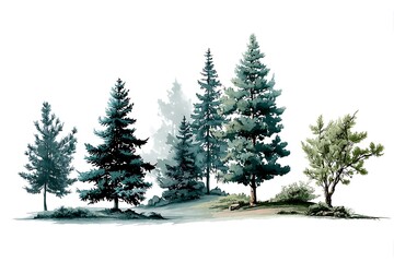 Hand-painted landscape of pine trees in a park, suitable for artistic design projects like posters, brochures, and book covers.
