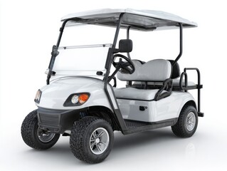 A pristine white golf cart, featuring a clear windshield and comfortable seating, stands out against a pure white backdrop.