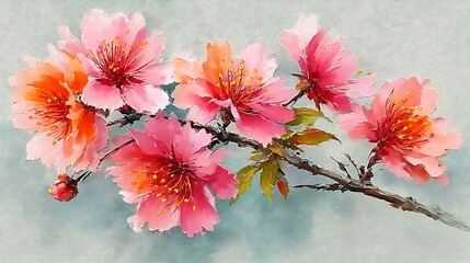 Vibrant Pink Cherry Blossoms on Branch with Soft Background and Intricate Petals