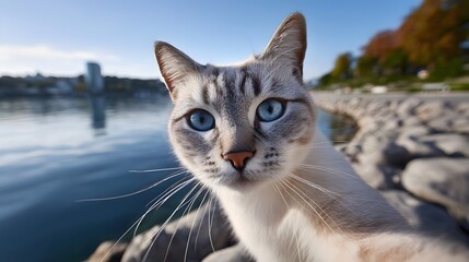A domestic cat with a gray and white coat sitting on the rocky shore, gazing intently at the calm water of the lake or river