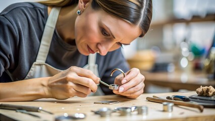 Female jeweler making ring on white table closeup