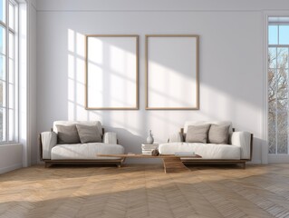 Obraz premium A white room with two couches and two empty picture frames