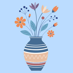 Ceramic vase filled with colorful flowers in bright background