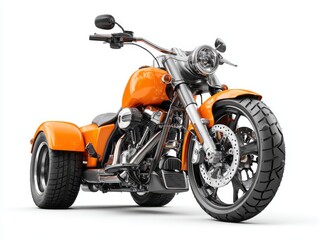 Obraz premium A vibrant orange trike motorcycle, detailed and glossy, against a pure white background.
