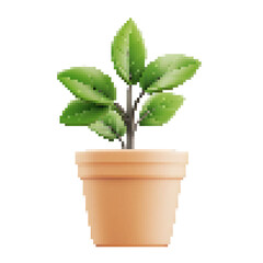 Green plant pixel art element in pot with transparent background