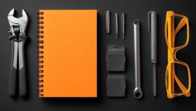 Flatlay of tools and notebook