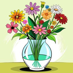 Colorful flowers arranged in a glass vase on a table background
